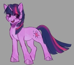 Size: 958x850 | Tagged: safe, artist:kajamnik, twilight sparkle, pony, unicorn, g4, colored hooves, eye clipping through hair, eyebrows, eyebrows visible through hair, female, gray background, mare, multicolored mane, multicolored tail, open mouth, open smile, simple background, smiling, standing, straight mane, straight tail, tail, unicorn twilight