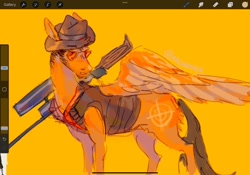Size: 2048x1431 | Tagged: safe, artist:kajamnik, pegasus, pony, brown mane, brown tail, clothes, colored pinnae, colored wings, colored wingtips, frown, gun, hat, male, ponified, procreate app, rifle, short mane, signature, sniper, sniper (tf2), solo, spread wings, stallion, standing, sunglasses, tail, team fortress 2, two toned wings, vest, weapon, wings