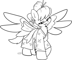 Size: 1343x1123 | Tagged: safe, artist:taurson, oc, oc only, oc:penny banks, pegasus, pony, black and white, chest fluff, clothes, flirting, grayscale, hairpin, kimono (clothing), looking at you, monochrome, simple background, sketch, solo, spread wings, tongue out, white background, wings