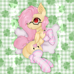 Size: 2048x2048 | Tagged: safe, artist:extrabat, oc, oc only, bat pony, pony, butt, clothes, dock, female, filly, foal, glasses, not flutterbat, one eye covered, pillow, plot, socks, solo, tail