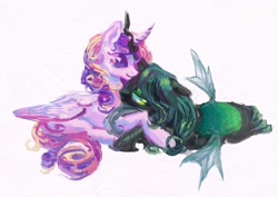 Size: 2019x1433 | Tagged: safe, artist:kajamnik, princess cadance, queen chrysalis, alicorn, changeling, changeling queen, pony, g4, carapace, colored pinnae, cuddling, curly mane, curly tail, curved horn, digital painting, duo, duo female, female, folded wings, green eyes, green mane, horn, horns are touching, infidelity, insect wings, lesbian, lidded eyes, looking back, lying down, mare, multicolored mane, multicolored tail, no mouth, prone, purple eyes, shiny mane, ship:cadalis, shipping, simple background, smiling, spread wings, tail, white background, wingding eyes, wings