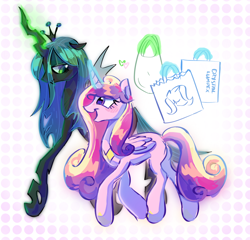 Size: 1280x1227 | Tagged: safe, artist:kajamnik, princess cadance, queen chrysalis, alicorn, changeling, changeling queen, pony, g4, bag, blushing, crown, duo, duo female, eye clipping through hair, eyelashes, female, folded wings, glowing, glowing horn, green eyes, green mane, green tail, heart, horn, infidelity, insect wings, jewelry, lesbian, lidded eyes, looking at each other, looking at someone, looking down, magic, mare, multicolored mane, multicolored tail, open mouth, open smile, patterned background, purple eyes, regalia, shiny mane, shiny tail, ship:cadalis, shipping, shopping, shopping bag, size difference, smiling, smiling at each other, tail, telekinesis, tiara, walking, wings