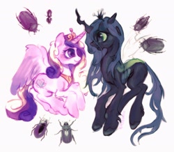 Size: 2048x1787 | Tagged: safe, artist:kajamnik, princess cadance, queen chrysalis, alicorn, changeling, changeling queen, insect, pony, g4, blushing, carapace, colored hooves, crown, curly mane, curly tail, digital painting, duo, duo female, eyeshadow, fangs, female, green mane, green tail, infidelity, insect wings, jewelry, leg fluff, lesbian, long legs, long mane, long tail, looking at each other, looking at someone, makeup, mare, multicolored mane, multicolored tail, open mouth, open smile, profile, purple eyes, realistic, regalia, ship:cadalis, shipping, simple background, size difference, smiling, smiling at each other, spread wings, tail, tiara, unshorn fetlocks, white background, wingding eyes, wings