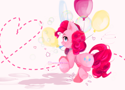Size: 1280x927 | Tagged: safe, artist:niikorroni, pinkie pie, earth pony, pony, g4, balloon, blue eyes, bubble, bubble wand, colored pinnae, curly mane, curly tail, female, heart, looking back, mare, mouth hold, pink mane, pink tail, shadow, simple background, smiling, solo, sparkly mane, sparkly tail, standing on two hooves, starry eyes, tail, watermark, white background, wingding eyes