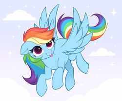 Size: 3110x2585 | Tagged: safe, artist:confetticakez, rainbow dash, pegasus, pony, g4, :p, cloud, cute, dashabetes, female, flying, high res, mare, sky, solo, sparkly mane, sparkly tail, spread wings, stars, tail, tongue out, wings
