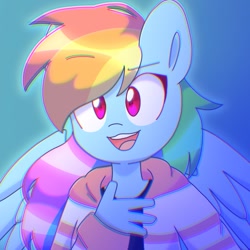 Size: 987x987 | Tagged: safe, artist:dashienuggets, artist:staritalz, rainbow dash, pegasus, anthro, g4, bust, chromatic aberration, clothes, eyebrows, eyebrows visible through hair, female, gradient background, hand on chest, mare, open mouth, profile picture, solo, wings