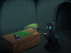 Size: 1600x1200 | Tagged: safe, artist:willoillo, oc, oc only, oc:spindle (unchanging love), changeling, fanfic:unending love, changeling hive, coin, commission, desk, desk lamp, lamp, solo