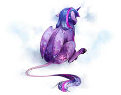 Size: 588x460 | Tagged: safe, artist:anthystuff, twilight sparkle, alicorn, pony, g4, constellation, constellation hair, constellation pony, ethereal mane, female, floppy ears, folded wings, leonine tail, long mane, mare, rear view, sad, sitting, solo, starry coat, starry mane, tail, twilight sparkle (alicorn), wings