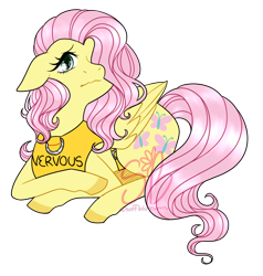 Size: 1280x1343 | Tagged: safe, artist:soffblossoms, fluttershy, pegasus, pony, g4, bow, clothes, cute, daaaaaaaaaaaw, female, floppy ears, frown, hair bow, looking at you, lying down, mare, nervous, pony pet, prone, shyabetes, signature, simple background, solo, transparent background, vest, wavy mouth