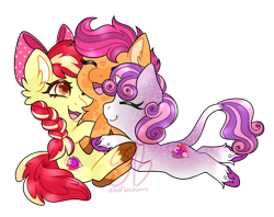 Size: 1280x1012 | Tagged: safe, artist:soffblossoms, apple bloom, scootaloo, sweetie belle, classical unicorn, earth pony, pegasus, pony, unicorn, g4, adorabloom, cloven hooves, cute, cutealoo, cutie mark crusaders, daaaaaaaaaaaw, diasweetes, eyes closed, female, filly, foal, horn, hug, leonine tail, open mouth, open smile, simple background, smiling, transparent background, trio, trio female, unshorn fetlocks
