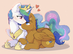 Size: 1690x1255 | Tagged: safe, artist:twinkesss, princess celestia, oc, oc:crushingvictory, alicorn, pegasus, pony, g4, blushing, canon x oc, chest fluff, cream background, crown, cuddling, duo, duo male and female, ear fluff, eye contact, eyebrows, eyebrows visible through hair, female, floating heart, folded wings, heart, hoof shoes, jewelry, looking at each other, looking at someone, lying down, male, mare, neck fluff, pegasus oc, peytral, prone, regalia, shadow, shipping, signature, simple background, smiling, smiling at each other, stallion, straight, wings