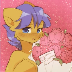 Size: 1767x1767 | Tagged: safe, artist:pledus, oc, oc only, oc:crushingvictory, pony, bipedal, blushing, bouquet of flowers, flower, holiday, human shoulders, solo, valentine, valentine's day