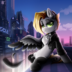 Size: 3000x3000 | Tagged: safe, artist:rainbowfire, oc, oc only, oc:tlen borowski, pegasus, pony, belly button, choker, city, cityscape, clothes, cute, cyberpunk, female, green eyes, jacket, jewelry, looking at you, mare, ring, rooftop, sky, solo, sunset, wings