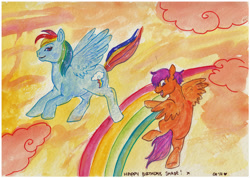 Size: 1751x1248 | Tagged: safe, artist:twinklestahh, rainbow dash, scootaloo, pegasus, pony, g4, duo, female, filly, flying, flying lesson, foal, mare, open mouth, open smile, rainbow, scootaloo can fly, siblings, sisters, smiling, traditional art, watercolor painting