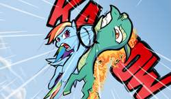 Size: 1033x600 | Tagged: safe, artist:thescornfulreptilian, rainbow dash, tianhuo (tfh), dragon, hybrid, longma, pegasus, pony, them's fightin' herds, g4, community related, duo, flying, mane of fire, onomatopoeia, punch