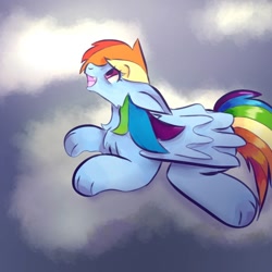Size: 1024x1024 | Tagged: safe, artist:vitaniz, rainbow dash, pegasus, pony, g4, cloud, cute, cute little fangs, eyebrows, eyebrows visible through hair, fangs, female, looking up, lying down, lying on a cloud, mare, on a cloud, open mouth, open smile, prone, smiling, solo