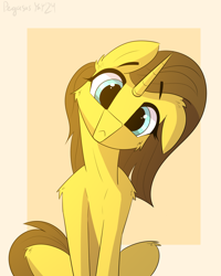 Size: 3200x4000 | Tagged: safe, artist:pegasusyay, oc, oc only, pony, unicorn, cute, half body, head tilt, horn, looking at you, one ear down, sitting, snoot, solo, sternocleidomastoid