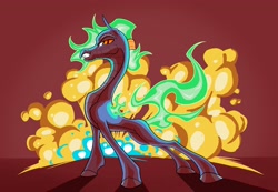 Size: 2048x1417 | Tagged: safe, artist:swayedy, baihe (tfh), dragon, hybrid, longma, them's fightin' herds, community related, explosion, female, fire, green fire, mane of fire, slender, solo, tail, tail of fire, thin