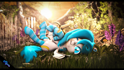 Size: 3840x2160 | Tagged: safe, artist:moonshine, artist:nyxie, artist:xenia-amata, oc, oc:nyxie, oc:xenia amata, bat pony, 3d, banana, bat pony oc, bat wings, clothes, cuddly, cute, cute little fangs, eating, fangs, fence, feral, flower, fluffy, food, gloves, grass, high res, nature, one eye closed, relaxing, socks, source filmmaker, striped socks, thigh highs, wings, wink