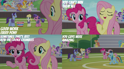 Size: 2000x1125 | Tagged: safe, edit, edited screencap, editor:quoterific, screencap, auburn vision, berry blend, berry bliss, blue october, blueberry muffin, buddy, caramel, carrot top, citrus blush, creamy nougat, daisy, fire quacker, flower wishes, fluttershy, frying pan (g4), golden harvest, goldy wings, huckleberry, lemon hearts, lily, lily valley, november rain, peppermint goldylinks, pinkie pie, rainbow dash, starlight glimmer, sugar maple, summer breeze, summer meadow, sunshower raindrops, twinkleshine, violet twirl, earth pony, pony, 2 4 6 greaaat, g4, buckball field, bucket, coach rainbow dash, friendship student, las pegasus resident, rainbow dashs coaching whistle, whistle, whistle necklace