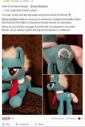 Size: 545x816 | Tagged: safe, earth pony, pony, bernie sanders, facebook, irl, male, necktie, photo, plushie, ponified, solo, stallion, text