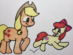 Size: 2048x1536 | Tagged: safe, artist:hoofclid, apple bloom, applejack, earth pony, pony, g4, apple sisters, female, filly, foal, jumping, mare, open mouth, siblings, simple background, sisters, traditional art, white background