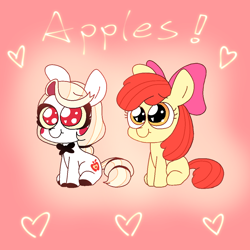 Size: 1080x1080 | Tagged: safe, artist:dexianyincha44820, apple bloom, demon, demon pony, earth pony, pony, g4, adorabloom, charlie morningstar, crossover, cute, daaaaaaaaaaaw, dad beat dad, duo, duo female, female, filly, foal, gradient background, hazbin hotel, heart, heart eyes, hellaverse, hellborn, more than anything, ponified, princess, princess of hell, sitting, text, unshorn fetlocks, wingding eyes, younger