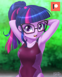 Size: 802x1000 | Tagged: safe, artist:uotapo, sci-twi, twilight sparkle, human, equestria girls, g4, armpits, blushing, clothes, cute, female, glasses, meganekko, nerd, one-piece swimsuit, open mouth, shadowbolts swimsuit, signature, solo, swimsuit, twiabetes
