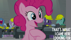 Size: 2000x1125 | Tagged: safe, edit, edited screencap, editor:quoterific, screencap, pinkie pie, g4, the last laugh, clothes, conveyor belt, factory, hard hat, hat