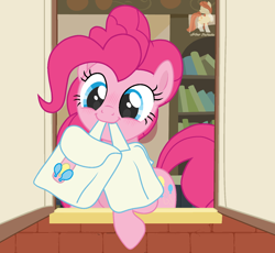 Size: 1486x1365 | Tagged: safe, artist:r4hucksake, pinkie pie, earth pony, pony, g4, to where and back again, bag, blushing, cute, diapinkes, female, mare, mouth hold, saddle bag, smiling, solo, to saddlebags and back again