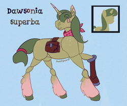 Size: 1659x1388 | Tagged: safe, artist:peachpaws0, derpibooru exclusive, oc, oc:dawsonia superba, unicorn, amputee, bag, bandana, derpibooru avatar, freckles, prosthetic limb, prosthetics, saddle bag, simple background, solo