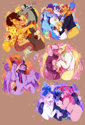 Size: 3067x4471 | Tagged: safe, artist:bunnari, applejack, big macintosh, cheerilee, cheese sandwich, discord, fleur-de-lis, fluttershy, nightmare moon, pinkie pie, princess luna, rainbow dash, rarity, sunset shimmer, twilight sparkle, butterfly, pegasus, g4, alternate design, alternate universe, antlers, beard, bisexual, blushing, blushing profusely, cheek kiss, cheerishy, clothes, duo, facial hair, female, gay, horn, hug, jacket, jewelry, kissing, leather, leather jacket, lesbian, looking at each other, looking at someone, male, mane six, necklace, no pants, painting, polyamory, rule 63, ship:cheesecord, ship:lunapie, ship:raridash, ship:twimac, shipping, signature, spread wings, straight, sunsarity, sunsetdash, sweater, thicc thighs, wall of tags, watcherverse, wide hips, wings