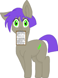 Size: 626x833 | Tagged: safe, artist:xada, oc, oc only, oc:jolly syringe, earth pony, pony, clipboard, eyelashes, floppy ears, gibberish, green eyes, mouth hold, one ear down, owo, purple mane, purple tail, simple background, solo, tail, text, transparent background