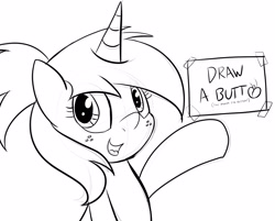 Size: 2303x1854 | Tagged: safe, artist:an-tonio, oc, oc only, oc:silver draw, pony, unicorn, bust, female, food, high res, mare, meta, monochrome, open mouth, peach, sign, simple background, sketch, smiling, solo, white background