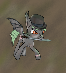 Size: 1402x1546 | Tagged: safe, artist:coffeerings, oc, oc only, oc:emjay, bat pony, pony, fallout equestria, action pose, fedora, hat, injured, machete, mouth hold, solo