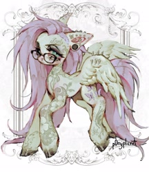 Size: 1770x2048 | Tagged: safe, artist:p0nyplanet, fluttershy, pegasus, pony, g4, cloven hooves, colored hooves, colored pinnae, ear piercing, earring, eyebrows, eyelashes, female, glasses, hooves, jewelry, looking at you, mare, nose piercing, partially open wings, piercing, pink mane, shiny hooves, signature, simple background, solo, standing, tattoo, white background, wing piercing, wings