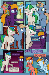 Size: 1920x2948 | Tagged: safe, artist:alexdti, oc, oc:brainstorm (alexdti), oc:purple creativity, oc:star logic, angel, devil, pegasus, pony, unicorn, comic:quest for friendship retold, blushing, shoulder angel, shoulder devil, trident, twilight's castle