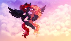 Size: 5900x3400 | Tagged: safe, artist:jsunlight, oc, oc only, oc:julia_sunlight, earth pony, pegasus, pony, cloud, coat markings, duo, flying, full body, looking at each other, looking at someone, open mouth, open smile, sky, sky background, smiling, smiling at each other, socks (coat markings), spread wings, stars, sunset, wings