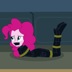 Size: 2000x2000 | Tagged: safe, artist:nie-martw-sie-o-mnie, pinkie pie, human, equestria girls, g4, bondage, bound and gagged, catsuit, gag, high heels, lying, pinkie spy, rope, rope bondage, shoes, spy, tape, tape gag, tied up