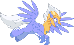 Size: 7921x4815 | Tagged: safe, artist:hendro107, sky beak, classical hippogriff, hippogriff, g4, surf and/or turf, absurd resolution, armor, flying, looking down, male, simple background, smiling, solo, transparent background, vector, wings