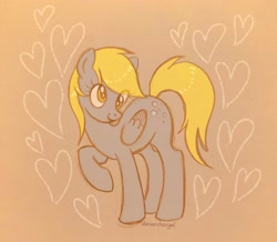 Size: 2560x2232 | Tagged: safe, artist:dariarchangel, derpy hooves, pegasus, pony, g4, cross-eyed, derp, digital art, female, folded wings, heart, mare, raised hoof, simple background, sketch, smiling, solo, traditional art, wings