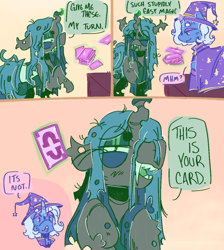 Size: 1075x1201 | Tagged: safe, artist:tottallytoby, part of a set, queen chrysalis, trixie, changeling, changeling queen, pony, unicorn, g4, alternate hairstyle, alternate universe, beanbrows, blue eyes, blue mane, cape, carapace, card trick, clothes, colored hooves, colored horn, comic, dialogue, eye clipping through hair, eyebrows, eyelashes, facial markings, fangs, female, folded wings, frown, glowing, glowing horn, green eyes, hat, horn, insect wings, lidded eyes, long eyelashes, magic, mare, open mouth, open smile, raised hoof, short mane, smiling, speech bubble, straight mane, talking, teal mane, telekinesis, text, trixie's cape, trixie's hat, wings