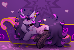 Size: 3370x2280 | Tagged: safe, artist:unichan, oc, oc:fizzy fusion pop, pony, unicorn, blushing, choker, clothes, fainting couch, fishnets, heart, messy mane, nightgown, socks, thigh highs