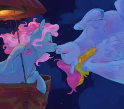Size: 1700x1500 | Tagged: safe, artist:abbytabbys, minty, thistle whistle, earth pony, pegasus, g3, blushing, cloud, colored hooves, duo, duo female, eyes closed, female, heart, holding, hooves to the chest, hot air balloon, kiss on the lips, kissing, lesbian, mare, night, partially open wings, ship:mintywhistle, shipping, sky background, smiling, stars, two toned mane, unshorn fetlocks, upside down, upside down kiss, wing fluff, wings