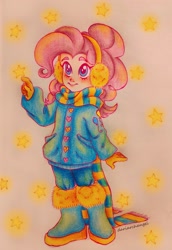 Size: 1099x1600 | Tagged: safe, artist:dariarchangel, pinkie pie, human, equestria girls, g4, my little pony equestria girls: better together, boots, clothes, cute, cutie mark on clothes, diapinkes, earmuffs, female, jacket, lights, pencil drawing, scarf, shoes, simple background, smiling, solo, stars, striped scarf, traditional art, winter boots, winter jacket, winter outfit