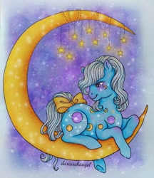 Size: 1385x1600 | Tagged: safe, artist:dariarchangel, night glider (g1), earth pony, pony, g1, bow, crescent moon, female, lying down, mare, moon, planet, prone, solo, space, stars, tail, tail bow, tangible heavenly object, traditional art, twice as fancy ponies