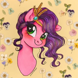 Size: 2560x2560 | Tagged: safe, artist:dariarchangel, pipp petals, pegasus, pony, g5, my little pony: a new generation, my little pony: make your mark, my little pony: tell your tale, adorapipp, aside glance, blushing, bust, cute, female, flower, green eyes, heart, heart eyes, high res, jewelry, looking at you, mare, patterned background, portrait, smiling, smiling at you, solo, three quarter view, tiara, wavy mane, wingding eyes