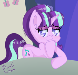 Size: 2500x2392 | Tagged: safe, artist:bubblegooey, starlight glimmer, pony, unicorn, g4, the cutie re-mark, :3, antagonist, art challenge, blushing, chair, cute, ear fluff, evil starlight, eyeshadow, female, heart, heart eyes, high res, hoof on chin, leaning, leaning on table, lidded eyes, looking at you, makeup, mare, purple eyes, raised hoof, s5 starlight, scene interpretation, signature, smiling, smiling at you, smug, smuglight glimmer, solo, table, text, wingding eyes