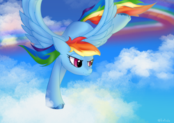 Size: 3508x2480 | Tagged: safe, artist:katodeartstation, rainbow dash, pegasus, pony, g4, cloud, female, flying, high res, mare, rainbow trail, signature, sky, smiling, smirk, solo, spread wings, wings