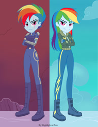 Size: 1280x1657 | Tagged: safe, artist:nightglowfan, rainbow dash, human, equestria girls, g4, alternate timeline, amputee, apocalypse dash, clothes, crossed arms, crystal war timeline, duality, equestria girls interpretation, eye scar, facial scar, fingerless gloves, frown, gloves, grin, jacket, prosthetic arm, prosthetic limb, prosthetics, scar, scene interpretation, self paradox, smiling, wonderbolts